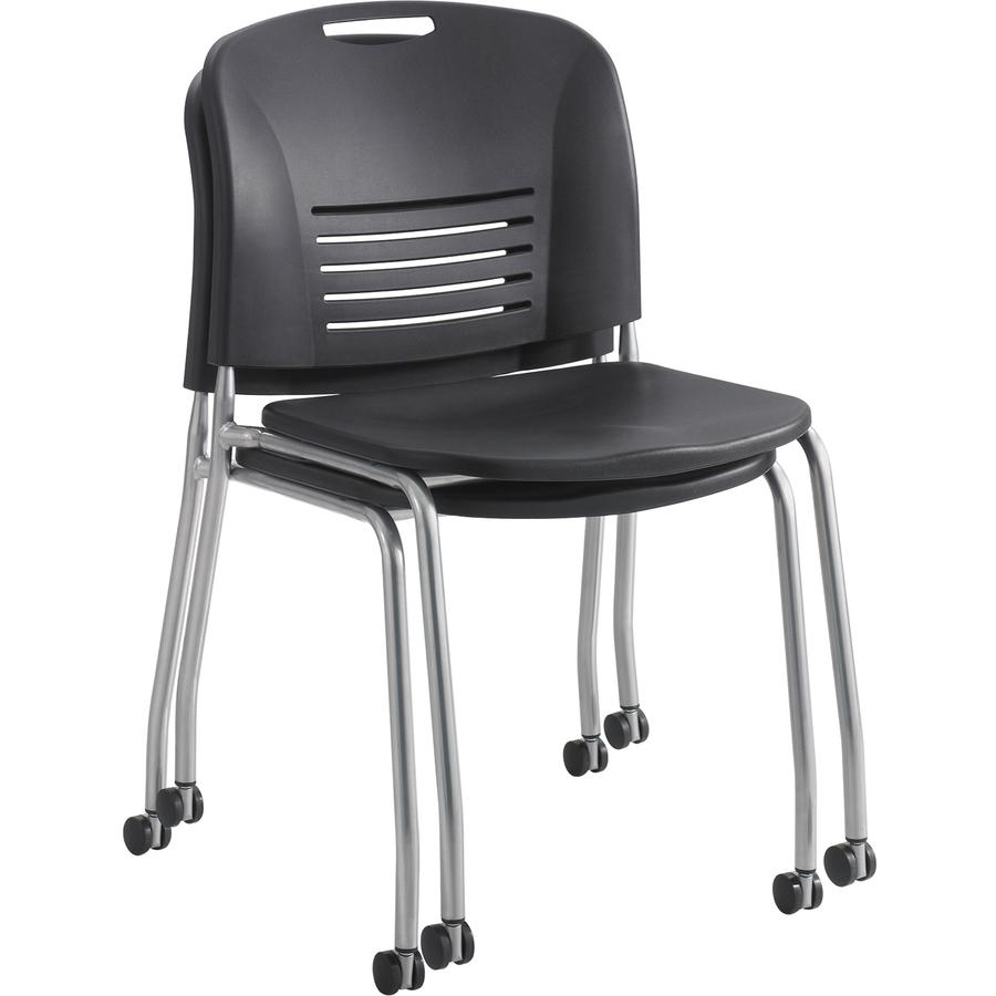 Safco Vy Straight Leg Stack Chairs with Casters - Plastic Seat - Plastic Back - Powder Coated Steel Frame - Four-legged Base - Black - Polypropylene - 2 / Carton. Picture 2