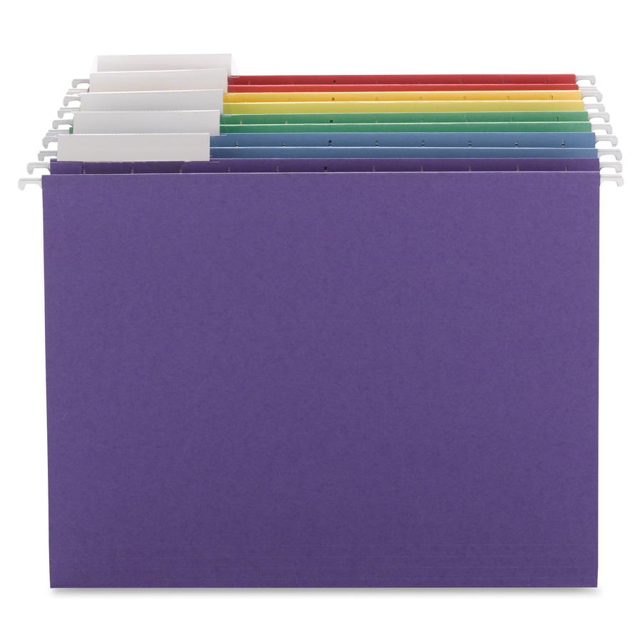 Smead 1/3 Tab Cut Letter Recycled Hanging Folder - 8 1/2" x 11" - Top Tab Location - Assorted Position Tab Position - Poly - Blue, Green, Purple, Red, Yellow - 10% Paper Recycled - 25 / Box. Picture 9