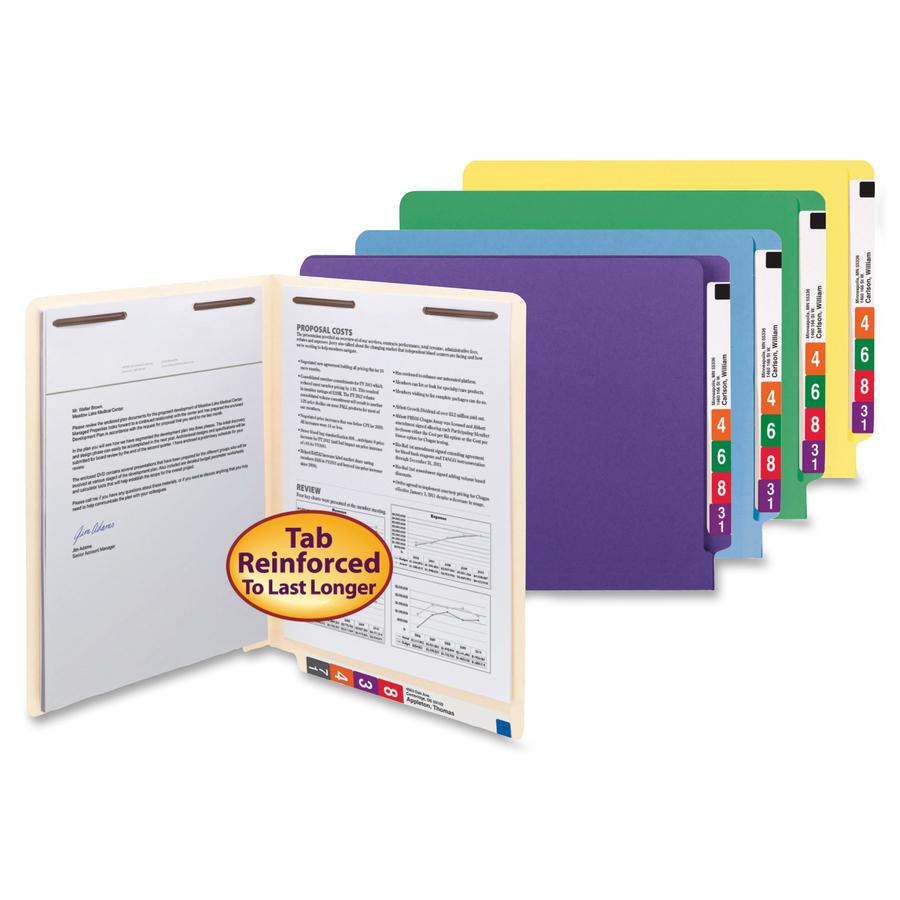 Smead WaterShed/CutLess Straight Tab Cut Letter Recycled End Tab File Folder - 8 1/2" x 11" - 2 x 2B Fastener(s) - End Tab Location - Yellow - 30% Paper Recycled - 50 / Box. Picture 2