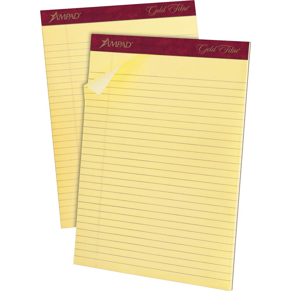 Ampad Gold Fibre Premium Rule Writing Pads - Letter - 50 Sheets - Watermark - Stapled/Glued - 0.34" Ruled - 16 lb Basis Weight - 8 1/2" x 11 3/4" - Yellow Paper - Bleed-free, Micro Perforated, Chipboa. Picture 2