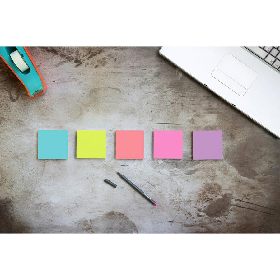 Post-it&reg; Super Sticky Notes - Supernova Neons Color Collection - 3" x 3" - Square - 90 Sheets per Pad - Aqua Splash, Acid Lime, Guava, Tropical Pink, Iris Infusion - Paper - Recyclable, Reposition. Picture 3