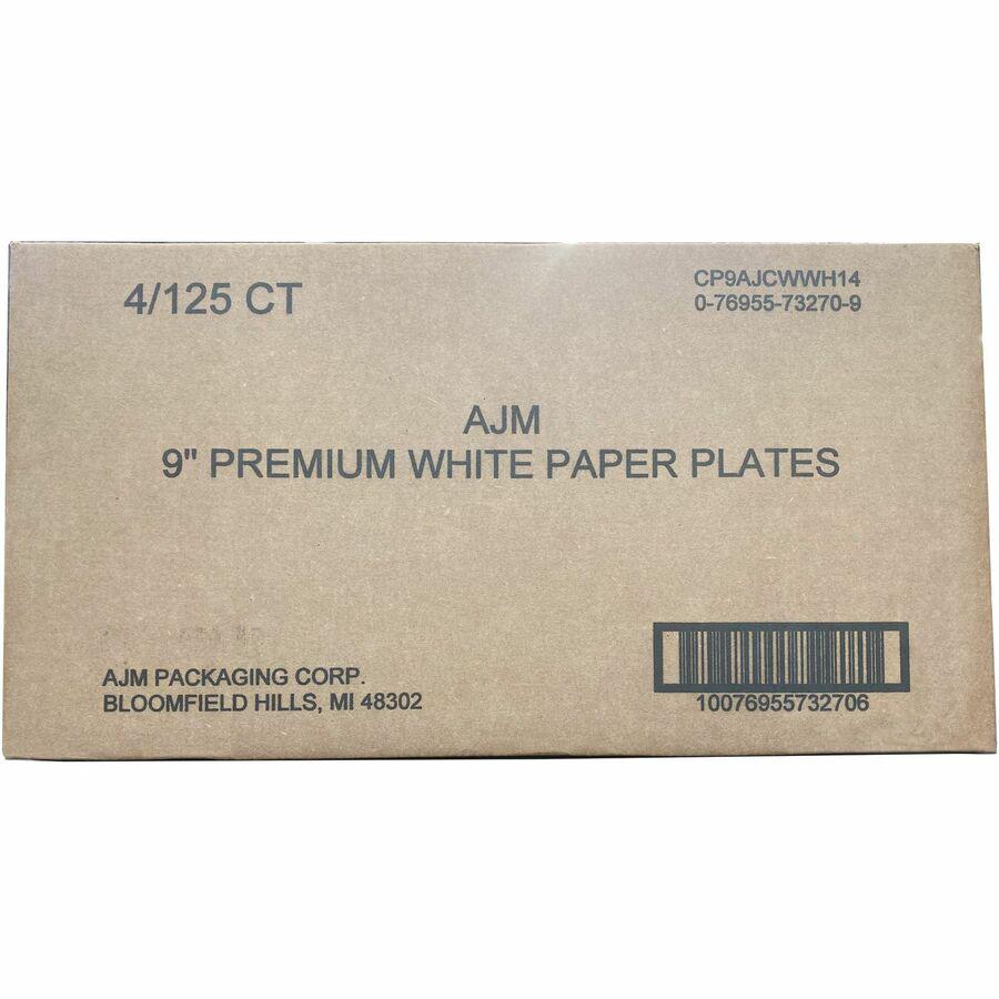 AJM 9" Dinnerware Paper Plates - 125 / Pack - Disposable - 9" Diameter - White - Paper Body - 4 / Carton. Picture 4