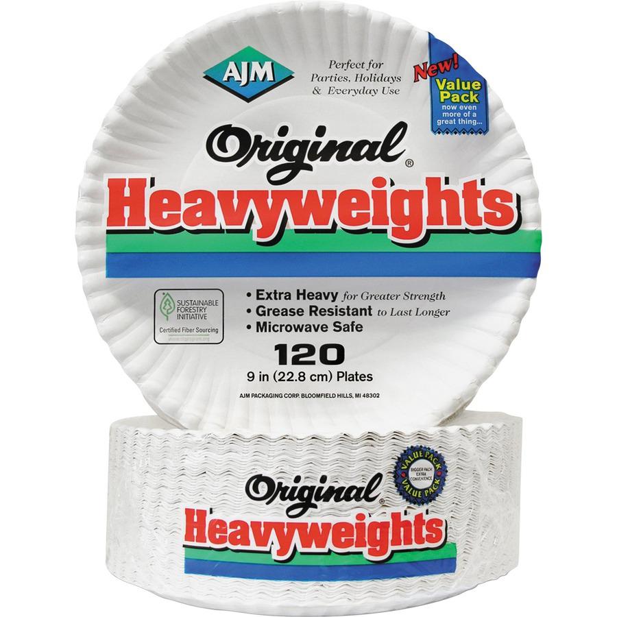 AJM Packaging Original Heavyweights Plates - Disposable - Microwave Safe - White - Paper Body - 120 / Pack. Picture 3