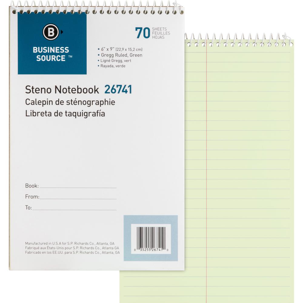 Business Source Steno Notebook - 70 Sheets - Wire Bound - Gregg Ruled Margin - 15 lb Basis Weight - 6" x 9" - Green Paper - Stiff-back - 12 / Pack. Picture 9