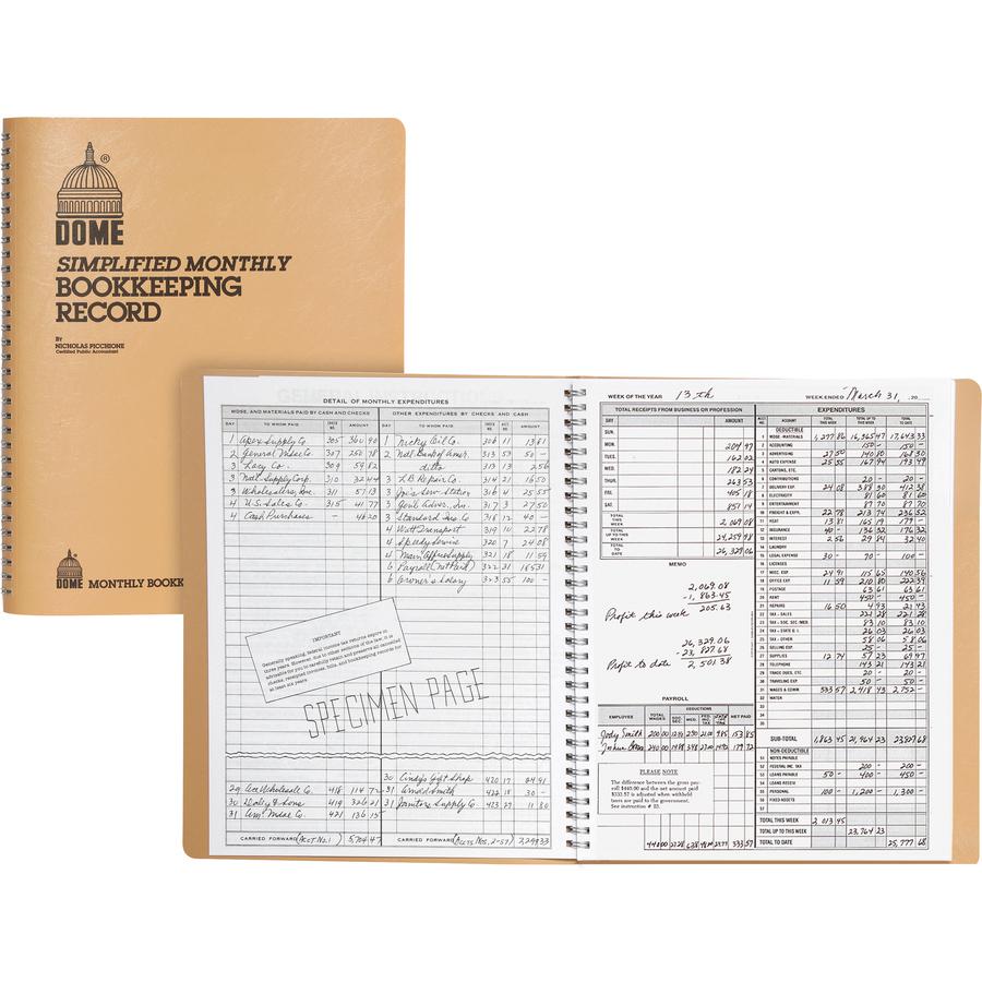 Dome Bookkeeping Record Book - 128 Sheet(s) - Wire Bound - 8.75" x 11.25" Sheet Size - White Sheet(s) - Beige Cover - Recycled - 3 / Bundle. Picture 3