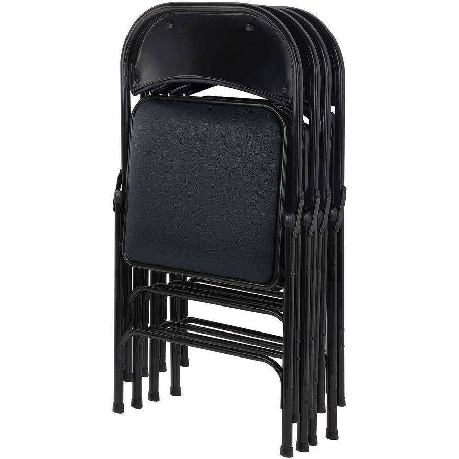 Lorell Padded Folding Chairs - Black Fabric Seat - Black Fabric Back - Powder Coated Steel Frame - 4 / Carton. Picture 10