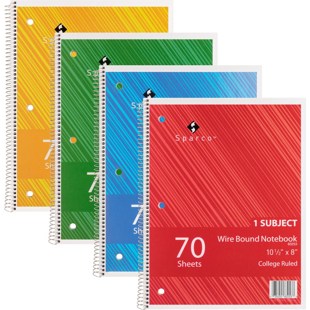 Sparco Wirebound Notebooks - 70 Sheets - Wire Bound - College Ruled - Unruled Margin - 16 lb Basis Weight - 8" x 10 1/2" - AssortedChipboard Cover - Subject, Stiff-cover, Stiff-back, Perforated, Hole-. Picture 2