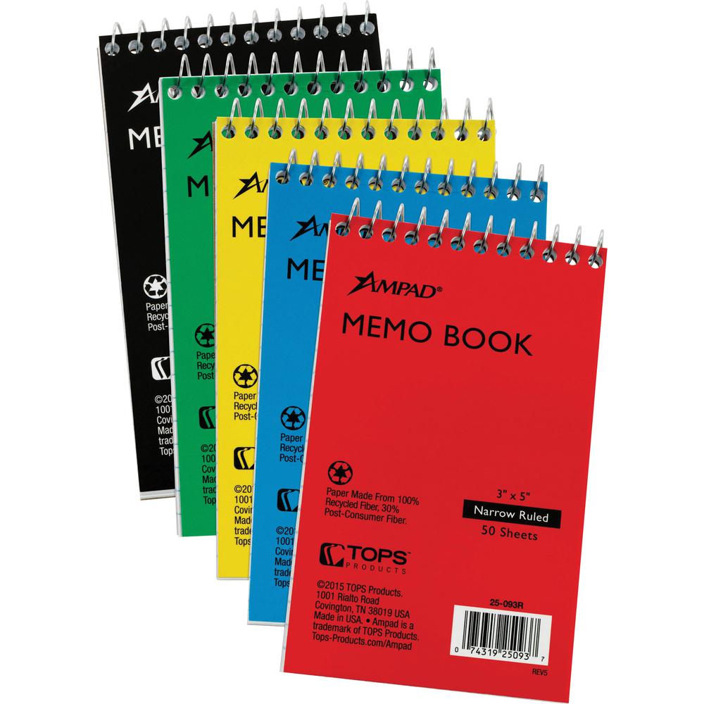 Ampad Topbound Memo Notebooks - 50 Sheets - Wire Bound - 3" x 5" - White Paper - AssortedPressboard Cover - Rigid, Mediumweight - Recycled - 5 / Bundle. Picture 3