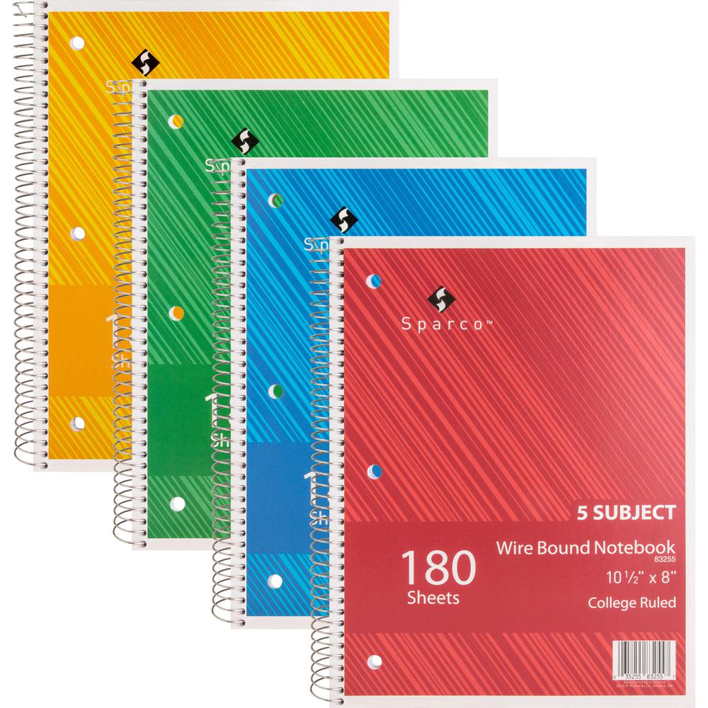 Sparco Wirebound College Ruled Notebooks - 180 Sheets - Wire Bound - College Ruled - Unruled Margin - 8" x 10 1/2" - Assorted Paper - AssortedChipboard Cover - Resist Bleed-through, Subject, Stiff-bac. Picture 7