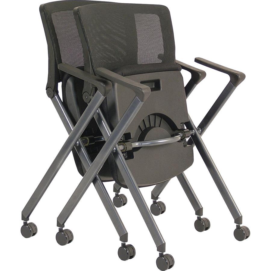 Lorell Mobile Mesh Back Nesting Chairs with Arms - Black Fabric Seat - Metal Frame - 2 / Carton. Picture 8