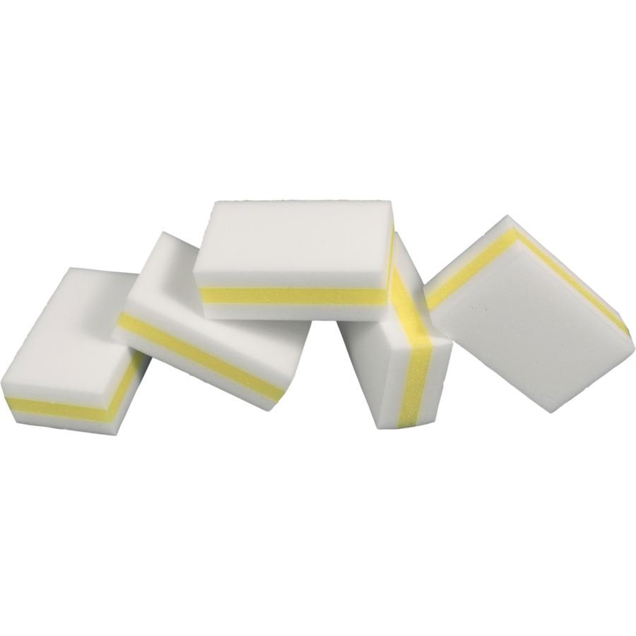 Genuine Joe Dual-Sided Melamine Eraser Amazing Sponges - 4.5" Height x 4.5" Width x 2.8" Depth - 5/Pack - Cellulose - White, Yellow. Picture 3