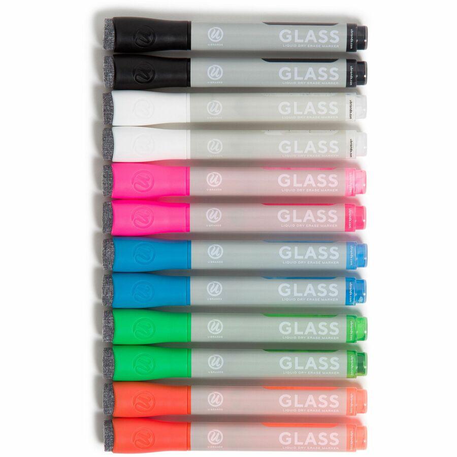 U Brands Liquid Glass Board Dry Erase Markers with Erasers, Low Odor, Bullet Tip, Assorted Colors, 12-Count - 2913U00-12 - Medium Marker Point - Bullet Marker Point Style - Assorted Liquid Ink - Gray . Picture 3