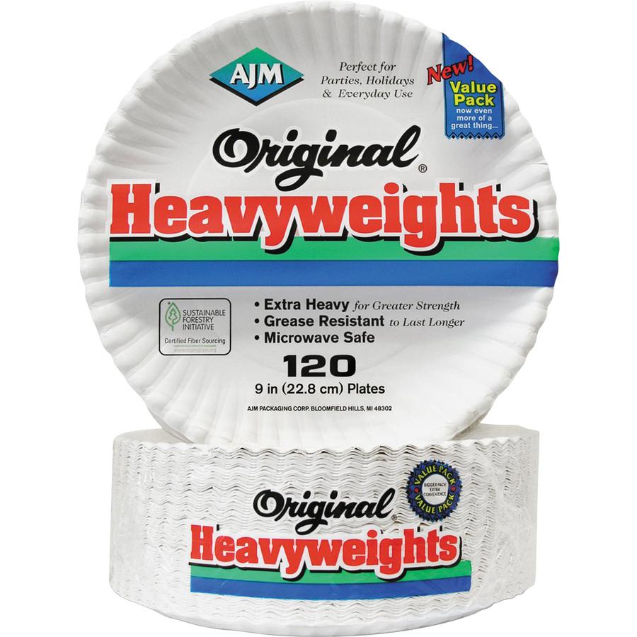 AJM 9" Original Heavyweight Plates - 120 / Pack - Serving, Reheating - Disposable - Microwave Safe - 9" Diameter - White - Paper Body - 8 / Carton. Picture 7