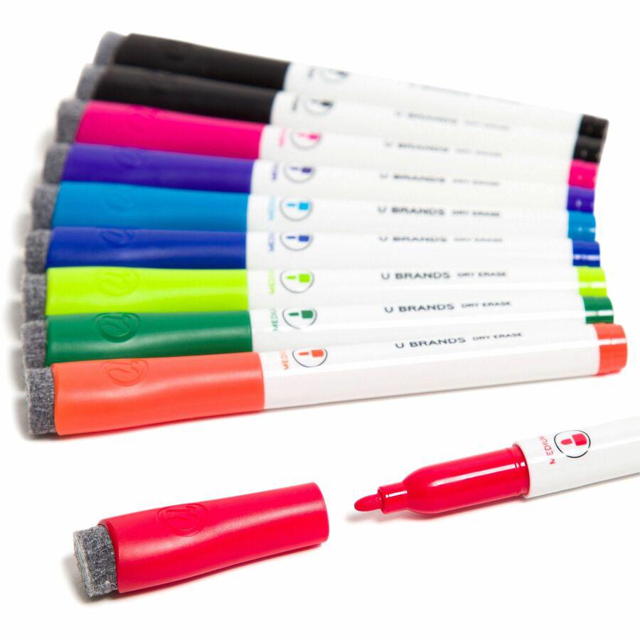 U Brands Dry Erase Marker - Medium Marker Point - Tapered Marker Point Style - Black, Blue, Light Blue, Purple, Pink, Red, Light Green, Dark Green, Orange - White Plastic Barrel - 10 / Pack. Picture 2
