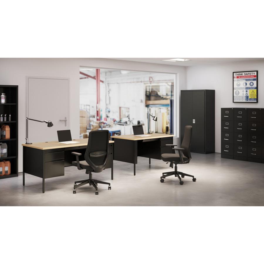 Lorell Fortress Series 48" Right Single-Pedestal Desk - 48" x 29.5"30" , 0.8" Modesty Panel, 1.1" Top - Single Pedestal on Right Side - Square Edge - Material: Steel - Finish: Black. Picture 7
