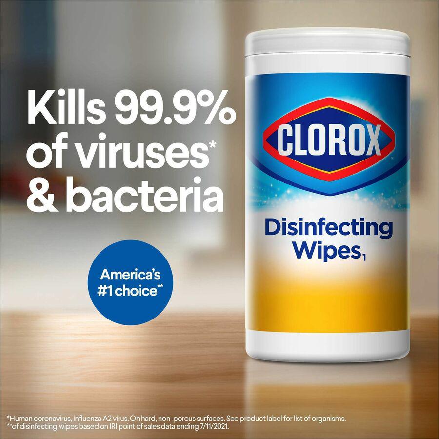 Clorox Disinfecting Cleaning Wipes Value Pack - Bleach-free - Ready-To-Use - Crisp Lemon Scent - 75 / Can - 6 / Carton - Anti-bacterial - White. Picture 11