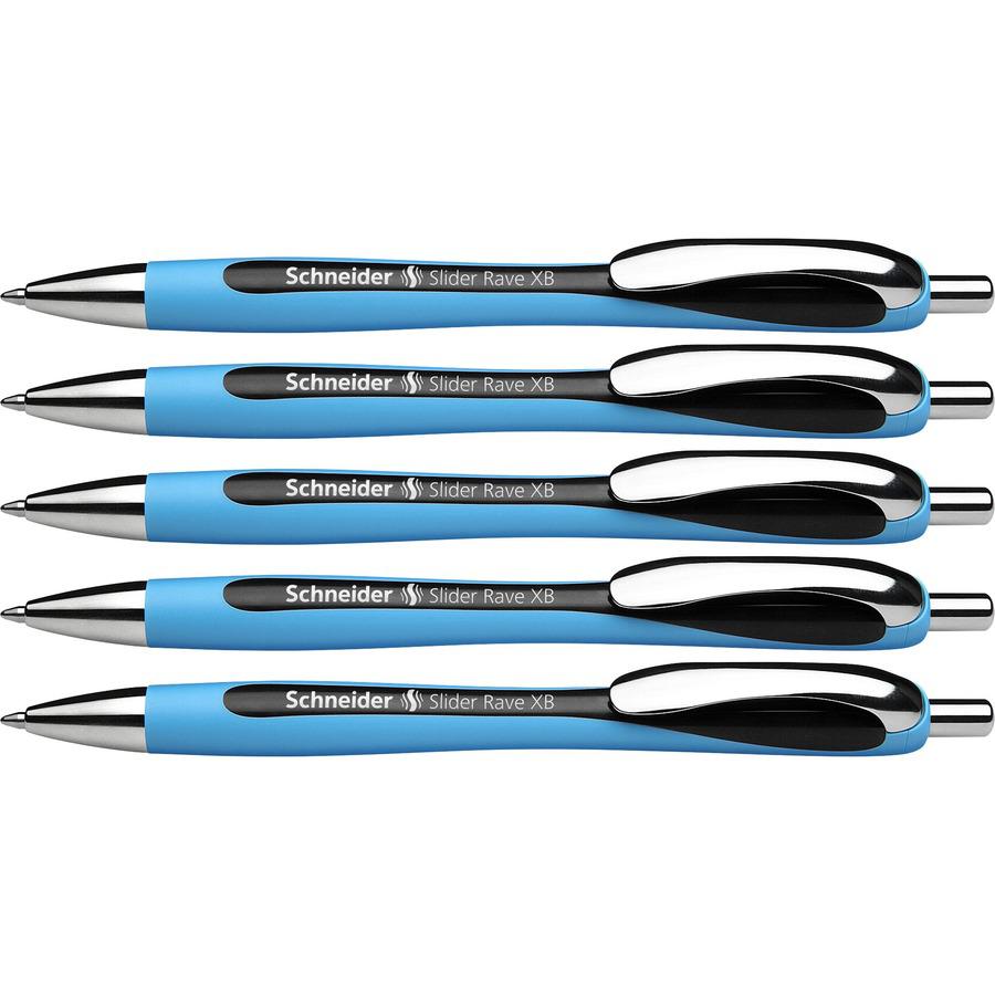Schneider Slider Rave XB Ballpoint Pen - Extra Broad Pen Point - 1.4 mm Pen Point Size - Retractable - Black - Black Rubberized, Light Blue Barrel - Stainless Steel Tip - 5 / Pack. Picture 3