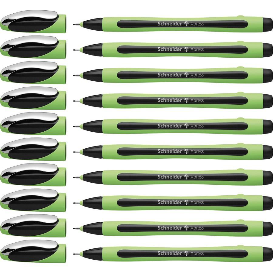 Schneider Xpress Fineliner Pen - Medium Pen Point - 0.8 mm Pen Point Size - Black - Black Rubberized, Green Barrel - Stainless Steel Tip - 10 / Pack. Picture 7