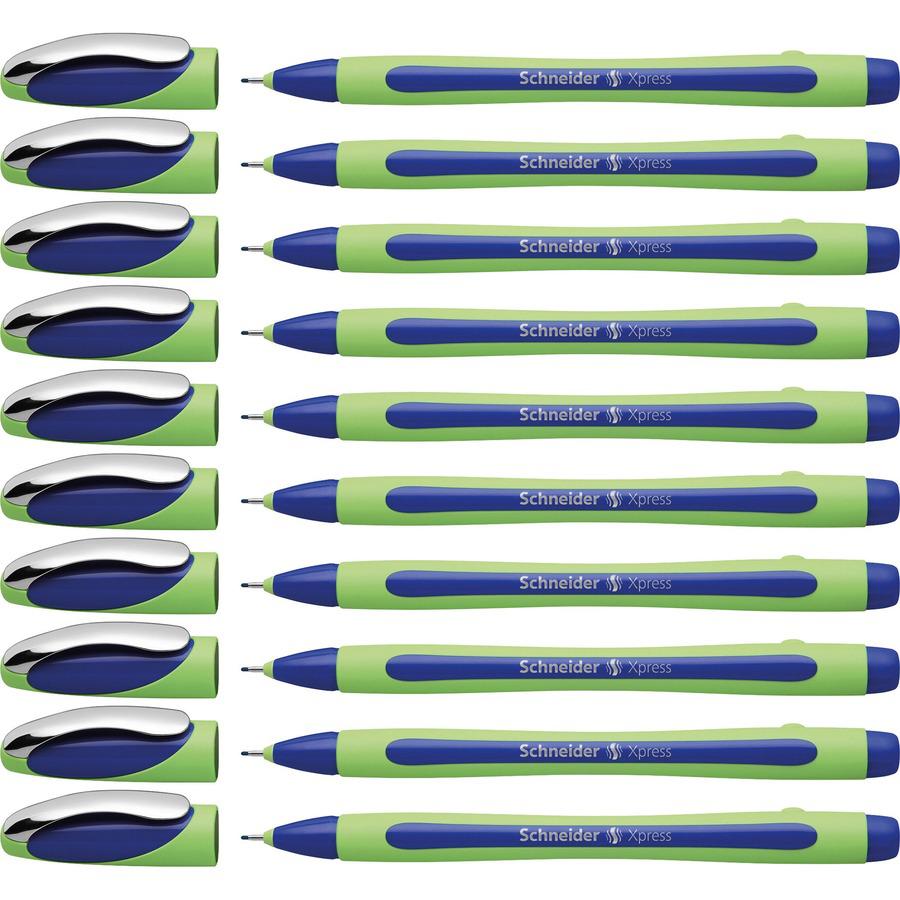Schneider Xpress Fineliner Pen - Medium Pen Point - 0.8 mm Pen Point Size - Blue - Blue Rubberized, Green Barrel - Stainless Steel Tip - 10 / Pack. Picture 5