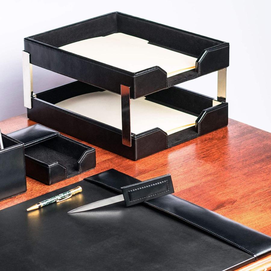 Dacasso Bonded Leather Double Letter Trays - Desktop - Black - Bonded Leather, Velveteen - 1 Each. Picture 4