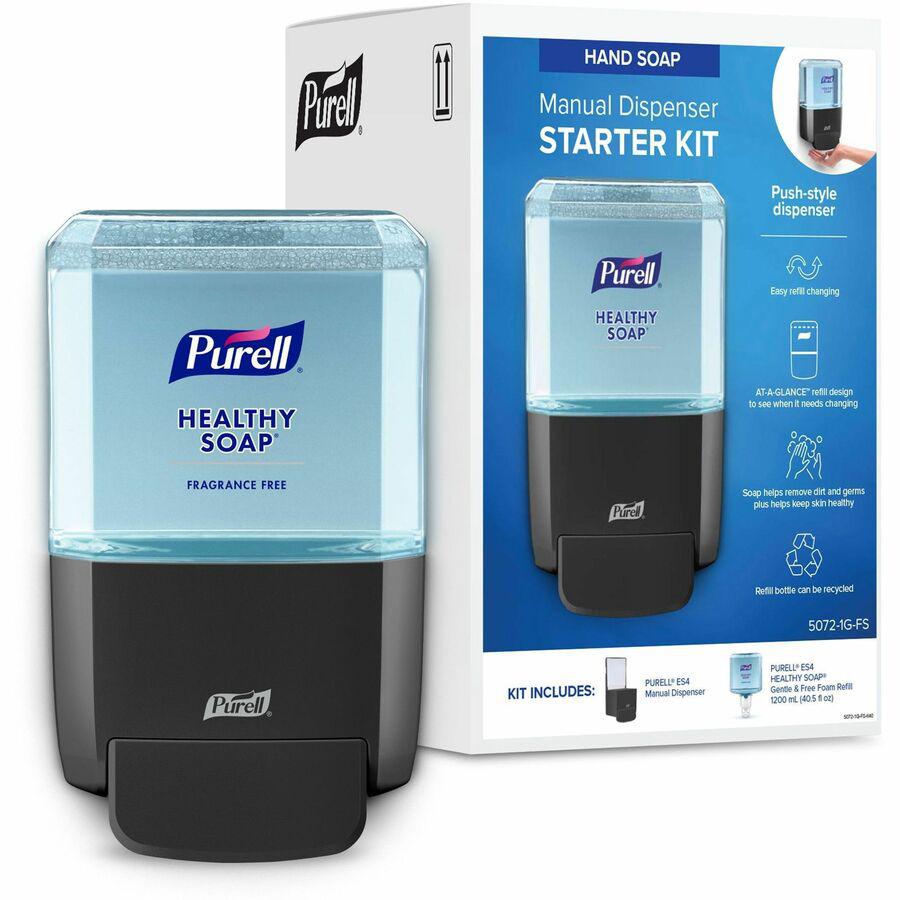 Gojo&reg; ES4 Push-Style Soap Dispenser Starter Kit - 1.27 quart Capacity - Hygienic, Dye-free, Fragrance-free, Refillable, Wall Mountable - Graphite. Picture 2