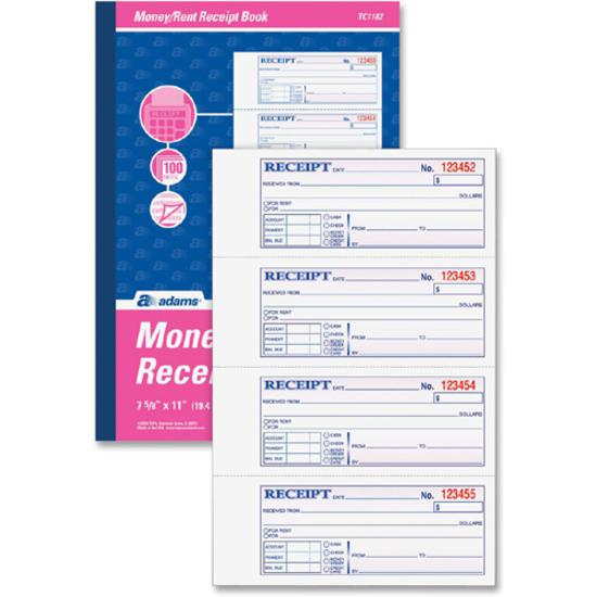 Adams Tapebound 3-part Money Receipt Book - 100 Sheet(s) - Tape Bound - 3 PartCarbonless Copy - 2.75" x 7.62" Form Size - White, Canary, Pink - Assorted Sheet(s) - 1 Each. Picture 4