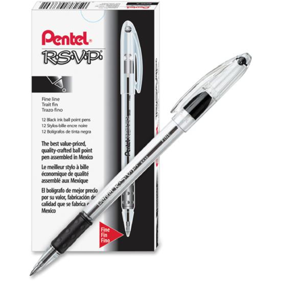 Pentel R.S.V.P. Ballpoint Stick Pens - Fine Pen Point - 0.7 mm Pen Point Size - Refillable - Black - Clear Barrel - 12 / Box. Picture 2