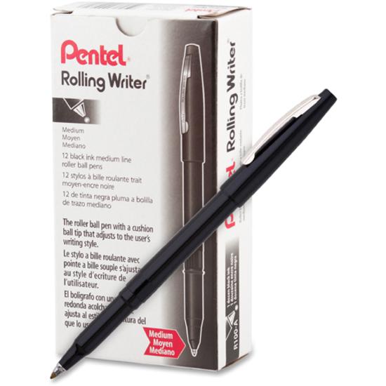 Pentel Rolling Writer Pens - Medium Pen Point - 0.8 mm Pen Point Size - Black - Black Plastic Barrel - 12 / Dozen. Picture 3