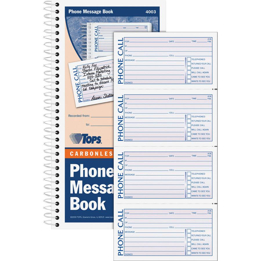 TOPS Carbonless Phone Message Book - Double Sided Sheet - Spiral Bound - 2 PartCarbonless Copy - 5.50" x 11" Sheet Size - White - Assorted Sheet(s) - Blue, Red Print Color - 1 Each. Picture 4