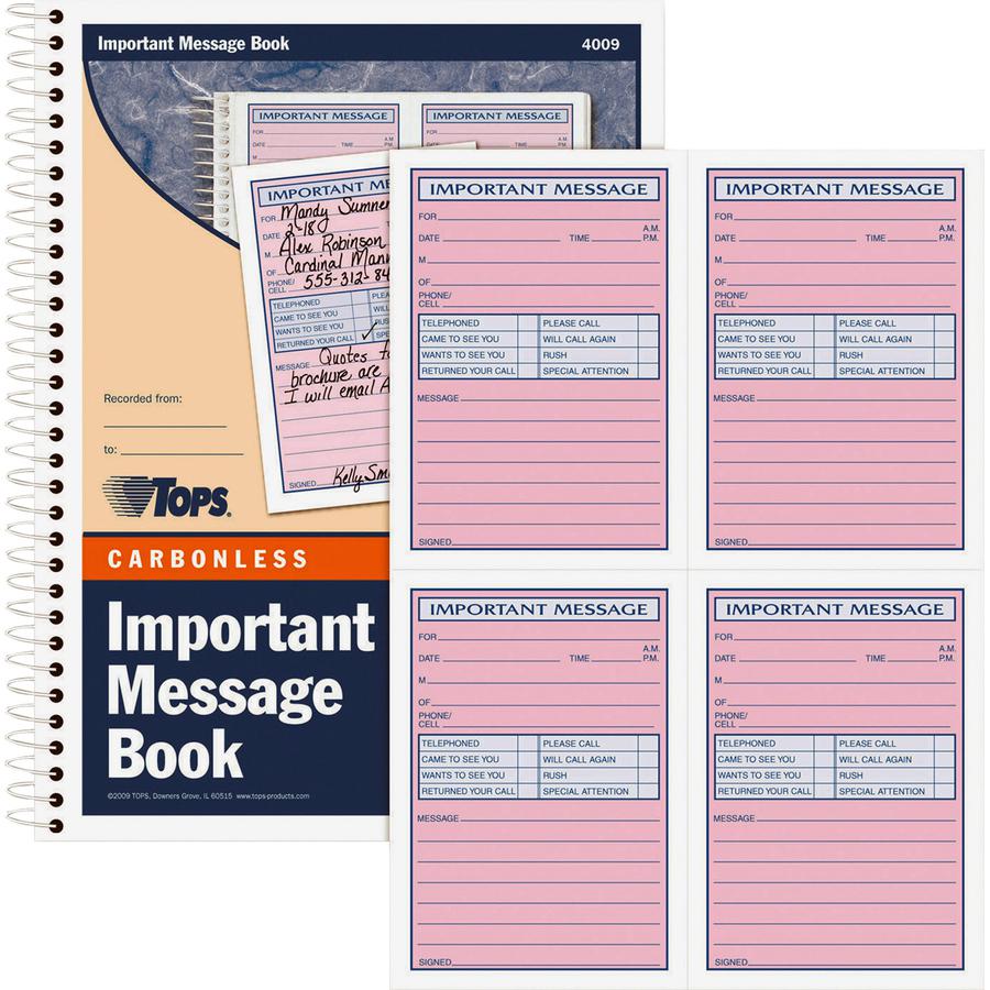 TOPS 4CPP Important Phone Message Book - 400 Sheet(s) - Spiral Bound - 2 PartCarbonless Copy - 8.25" x 11" Sheet Size - White - Assorted Sheet(s) - Blue, Red Print Color - 1 Each. Picture 2