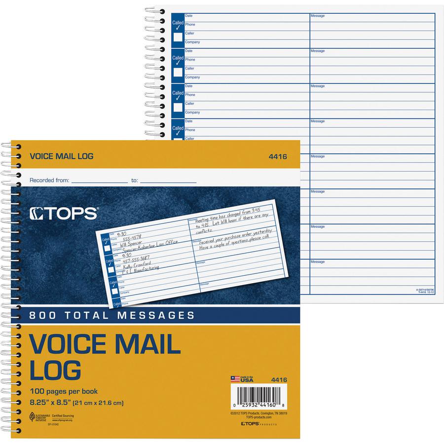 TOPS Spiral Bound Voice Message Log Book - 50 Sheet(s) - 8.25" x 8.50" Sheet Size - White - White Sheet(s) - 1 Each. Picture 2