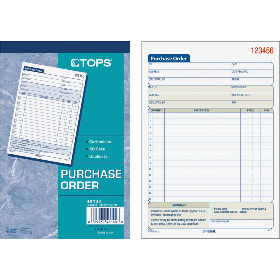 TOPS Carbonless 2-Part Purchase Order Books - 50 Sheet(s) - 2 PartCarbonless Copy - 5.56" x 7.93" Sheet Size - Assorted Sheet(s) - 1 Each. Picture 2