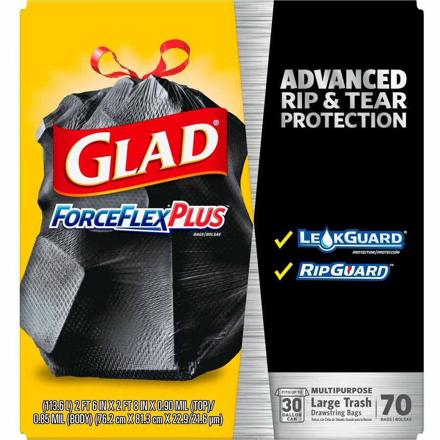 Glad Large Drawstring Trash Bags - ForceFlexPlus - 30 gal Capacity - 30" Width x 32" Length - 1.05 mil (27 Micron) Thickness - Black - 70/Carton - Office Waste. Picture 6