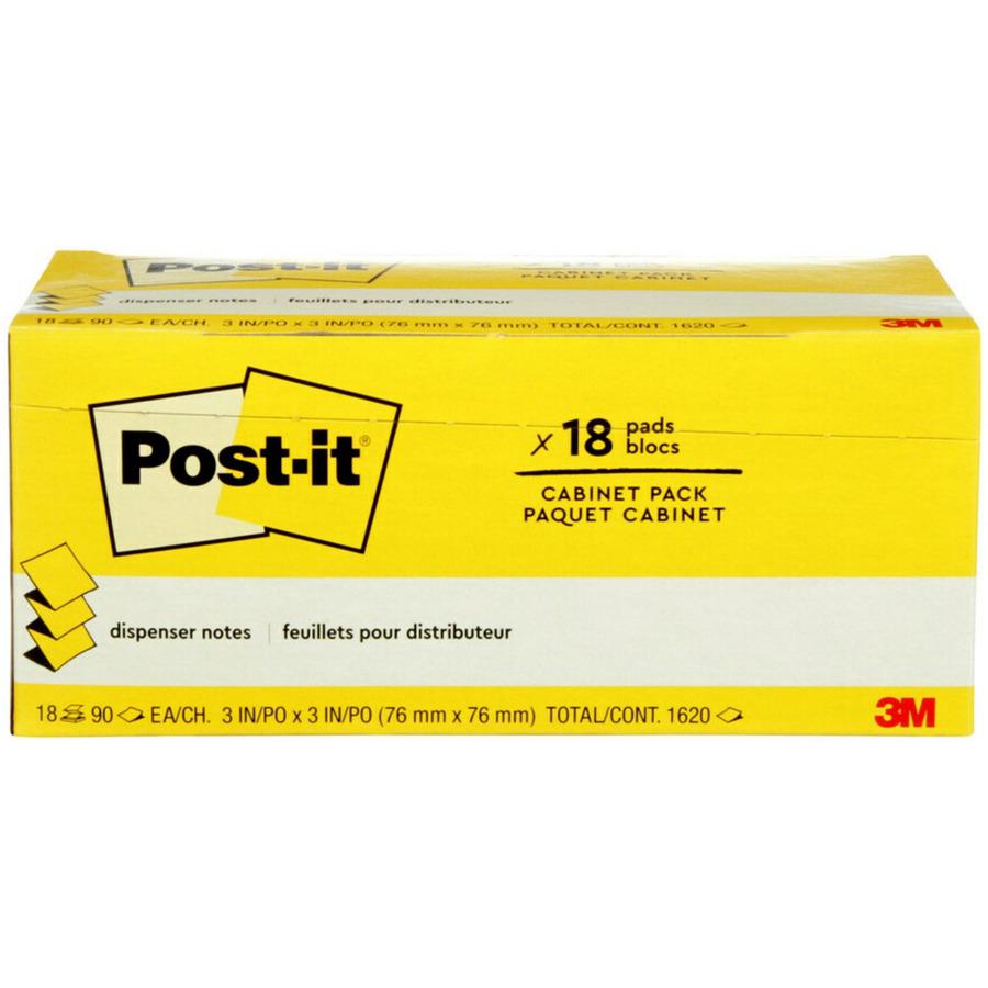 Post-it&reg; Dispenser Notes - 1620 - 3" x 3" - Square - 90 Sheets per Pad - Unruled - Canary Yellow - Paper - Self-adhesive, Removable - 18 / Pack. Picture 4