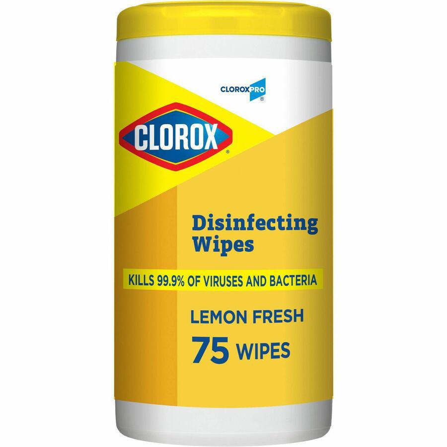 CloroxPro&trade; Disinfecting Wipes - For Multipurpose - Ready-To-Use - Lemon Fresh Scent - 75 / Canister - 6 / Carton - Pleasant Scent, Disinfectant, Pre-moistened, Textured, Streak-free, Bleach-free. Picture 5