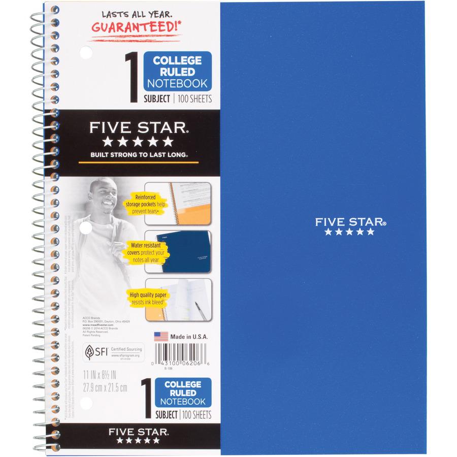 Five Star Wirebound Notebooks - 100 Sheets - Wire Bound - 11" x 8 1/2" - White Paper - Assorted Cover - Pocket, Stiff-back, Perforated, Pocket Divider, Heavyweight, Subject, Spiral Lock - 1 Each. Picture 3