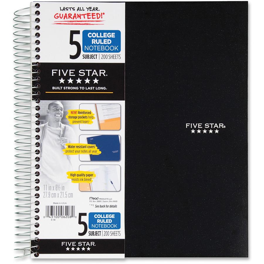 Mead Five-Star Wirebound 5-Subject Notebook - 200 Sheets - Wire Bound - 11" x 8 1/2" - White Paper - Assorted Cover - Pocket, Stiff-back, Perforated, Pocket Divider, Heavyweight, Subject, Spiral Lock . Picture 4