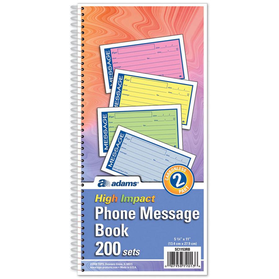 Adams 2-Part Carbonless Phone Message Books - 200 Sheet(s) - Spiral Bound - 2 PartCarbonless Copy - 5.25" x 11" Form Size - Assorted Sheet(s) - 1 Each. Picture 4