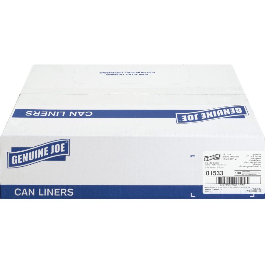 Genuine Joe Heavy-Duty Trash Can Liners - Medium Size - 33 gal Capacity - 33" Width x 40" Length - 1.50 mil (38 Micron) Thickness - Low Density - Black - 100/Carton. Picture 4