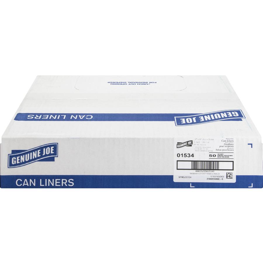 Genuine Joe Heavy-Duty Trash Can Liners - Large Size - 45 gal Capacity - 39" Width x 46" Length - 1.50 mil (38 Micron) Thickness - Low Density - Black - 50/Carton. Picture 4