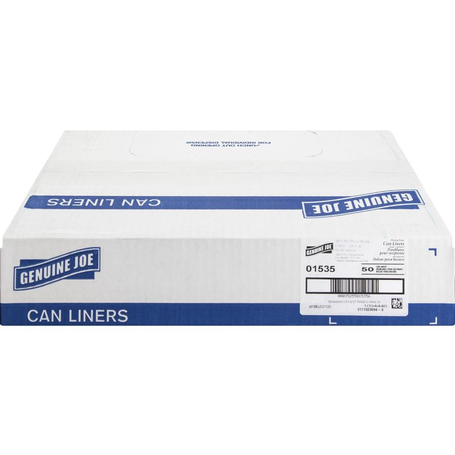 Genuine Joe Heavy-Duty Trash Can Liners - Extra Large Size - 60 gal Capacity - 39" Width x 56" Length - 1.50 mil (38 Micron) Thickness - Low Density - Black - 50/Box. Picture 4