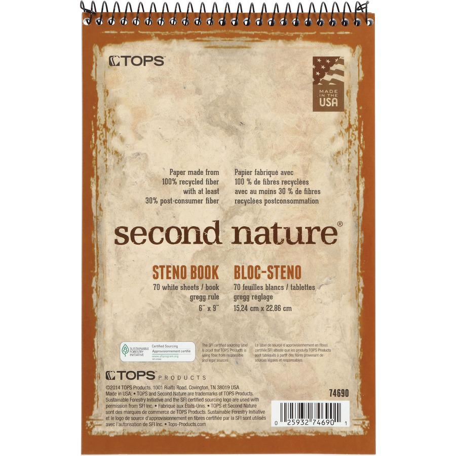 TOPS Second Nature Spiral Steno Notebook - 70 Sheets - Spiral - 0.34" Ruled - 15 lb Basis Weight - 6" x 9" - 1" x 6"9" - White Paper - Blue, Gray, Brown Cover - Acid-free - Recycled - 4 / Pack. Picture 2