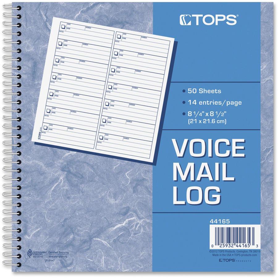 TOPS Voice Message Log Book - 50 Sheet(s) - 24 lb - Spiral Bound - 8.50" x 8.25" Sheet Size - White - Blue Print Color - 1 Each. Picture 5