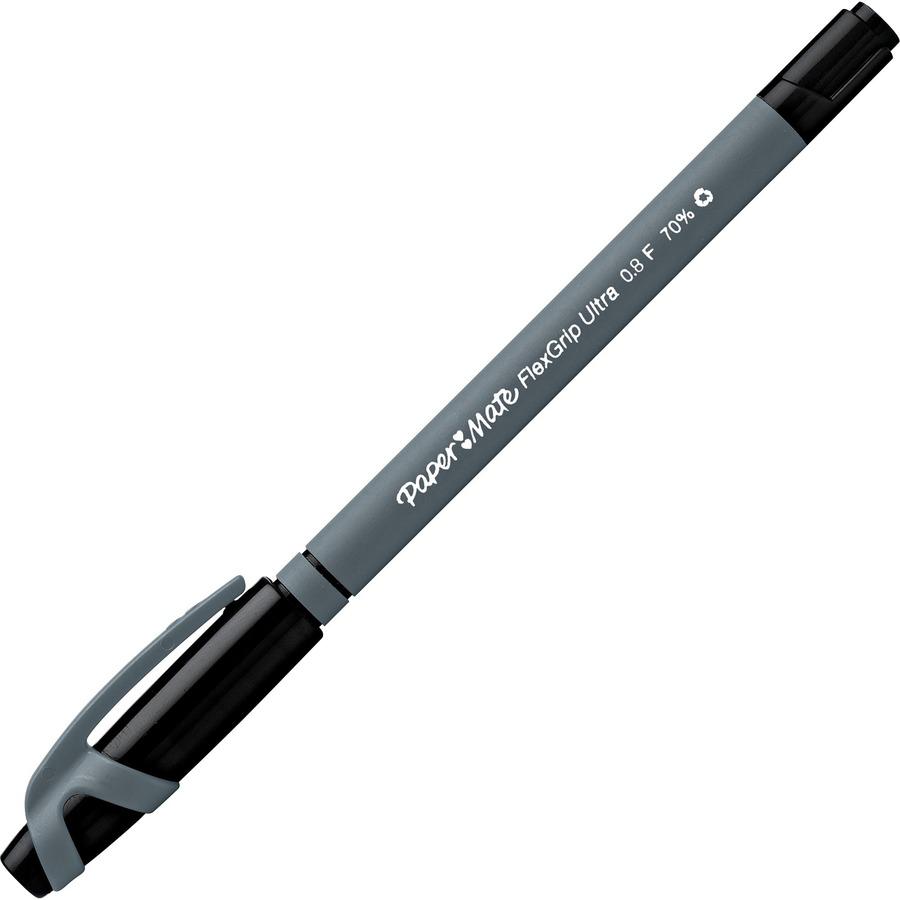 Paper Mate Flexgrip Ultra Recycled Pens - Fine Pen Point - Black - Black Rubber Barrel - 12 / Box. Picture 3