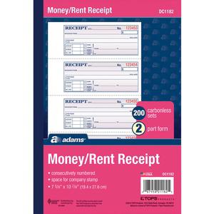 Adams Money/Rent Receipt Book - 200 Sheet(s) - Tape Bound - 2 PartCarbonless Copy - 7.62" x 11" Sheet Size - White - 1 Each. Picture 2