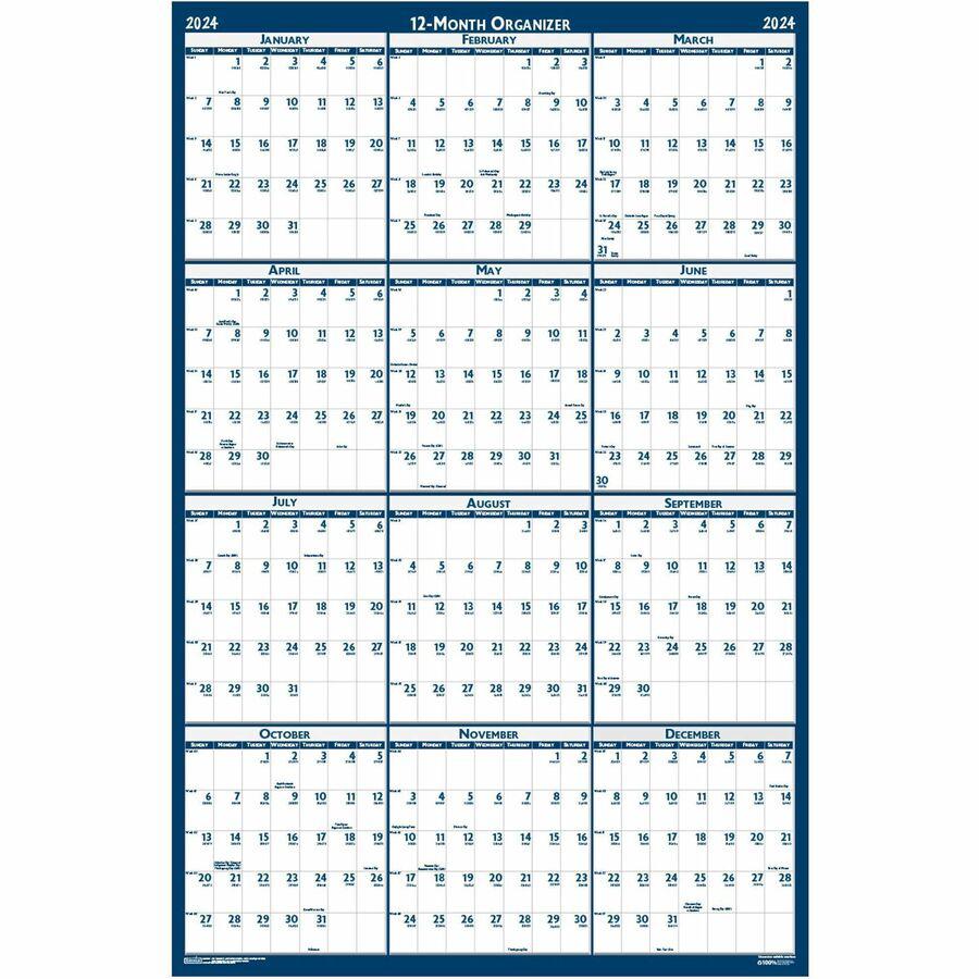 House of Doolittle Recycled Laminated Reversible Planner - Professional - Julian Dates - Yearly - 12 Month - January 2024 - December 2024 - 24" x 37" Blue/Gray Sheet - 1.25" x 1.63" , 1.38" Block - Bl. Picture 3