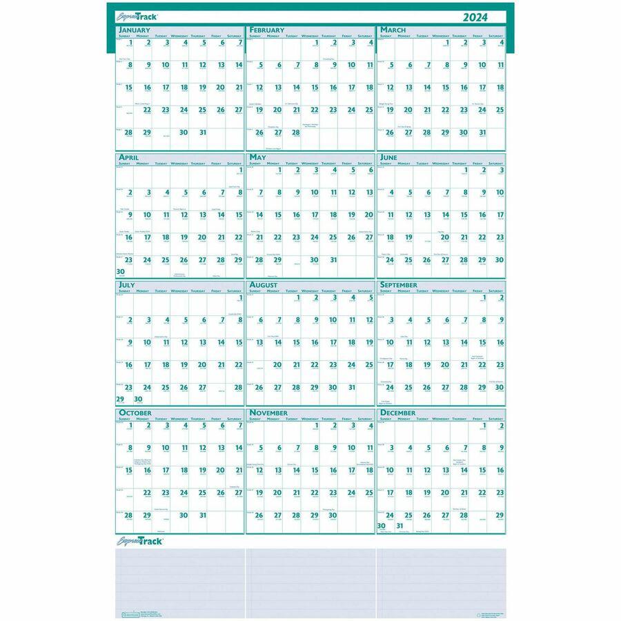 House of Doolittle Express Track Yearly Laminated Planner - Julian Dates - Yearly - 12 Month - January 2024 - December 2024 - 24" x 37" Sheet Size - 1.25" x 1.38" Block - Blue, Green - Paper - Laminat. Picture 3