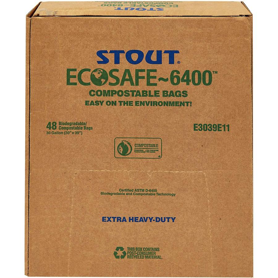 Stout EcoSafe Trash Bags - 13 gal Capacity - 24" Width x 30" Length - 0.85 mil (22 Micron) Thickness - Green - 45/Carton. Picture 4