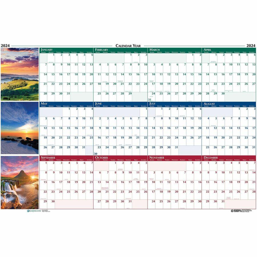 House of Doolittle Earthscapes Scenic Wipe-off Wall Planner - Julian Dates - Yearly - 1 Year - January 2024 - December 2024 - 32" x 48" Sheet Size - 1.13" x 1.38" Block - Multi - Paper - Laminated, Er. Picture 3