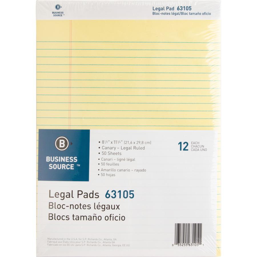 Business Source Micro-Perforated Legal Ruled Pads - 50 Sheets - 0.34" Ruled - 16 lb Basis Weight - 8 1/2" x 11 3/4" - Canary Paper - Micro Perforated, Easy Tear, Sturdy Back - 1 Dozen. Picture 7
